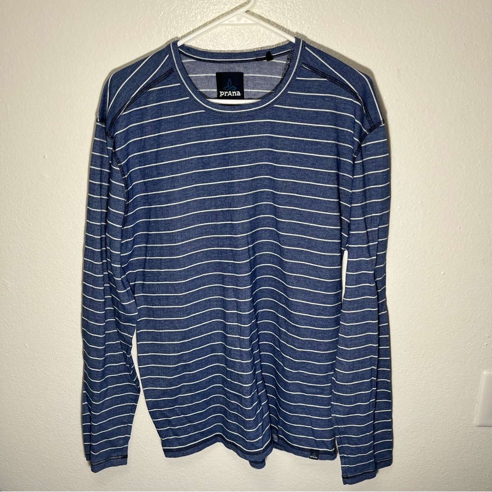 Prana Men's Blue Stripe Long Sleeve Henley Large